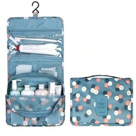Travel Toiletry Bag Waterproof Makeup Cosmetic Bag with Hanging Hook Portable Makeup Pouch Hanging Makeup Organizer for Women and Girls Blue flower
