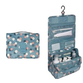 Travel Toiletry Bag Waterproof Makeup Cosmetic Bag with Hanging Hook Portable Makeup Pouch Hanging Makeup Organizer for Women and Girls Blue flower