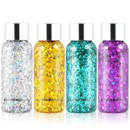 Body Glitter Gel Set 4 Colors Sequins Chunky Colorful Eyeshadow Glitter Holographic Body Gel for Festival Party Face Makeup Hair Eye Lips Shimmer Gold,Silver,Purple,Green
