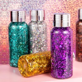 Body Glitter Gel Set 4 Colors Sequins Chunky Colorful Eyeshadow Glitter Holographic Body Gel for Festival Party Face Makeup Hair Eye Lips Shimmer Gold,Silver,Purple,Green