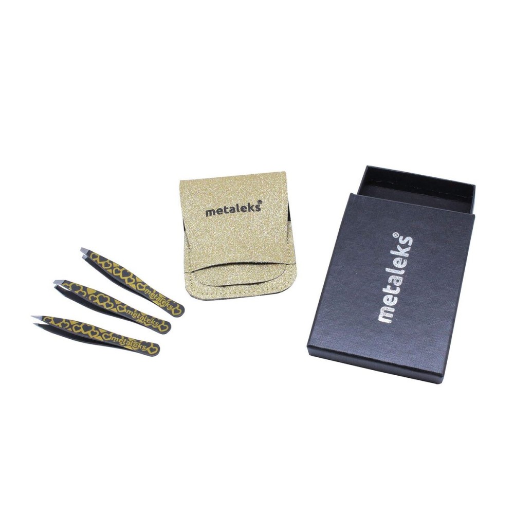 3Pcs EyeBrow Tweezers set With Straight, Slanted, Pointed Tweezers in Black Color on Golden Heart painted in Golden Glitter Pouch