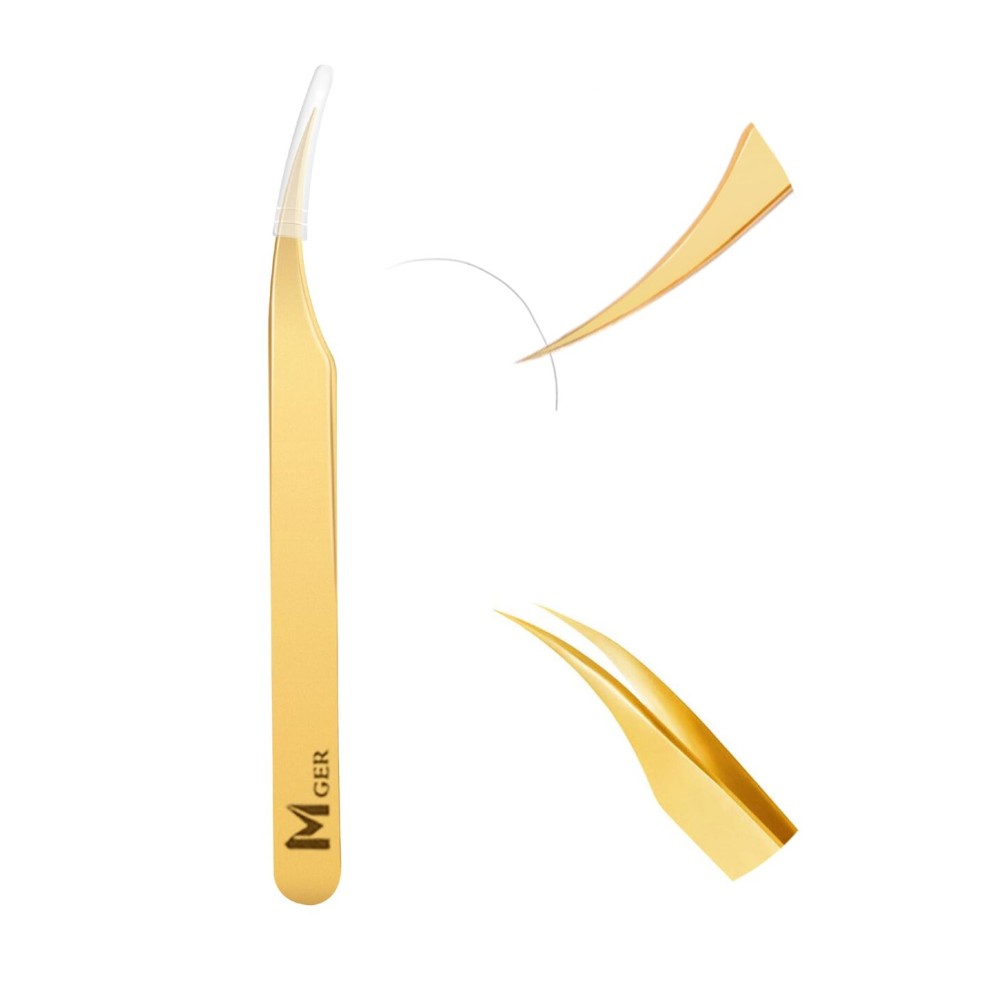 MGER Lash Tweezers for Eyelash Extensions, Hand Calibrated Dolphin-shaped & Curved Tip, False Lash Application Tools, Pack of 2, Gold (Dolphin-shaped Tweezers)