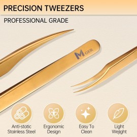 MGER Lash Tweezers for Eyelash Extensions, Hand Calibrated Dolphin-shaped & Curved Tip, False Lash Application Tools, Pack of 2, Gold (Dolphin-shaped Tweezers)
