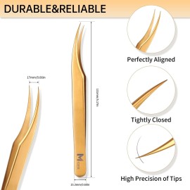 MGER Lash Tweezers for Eyelash Extensions, Hand Calibrated Dolphin-shaped & Curved Tip, False Lash Application Tools, Pack of 2, Gold (Dolphin-shaped Tweezers)
