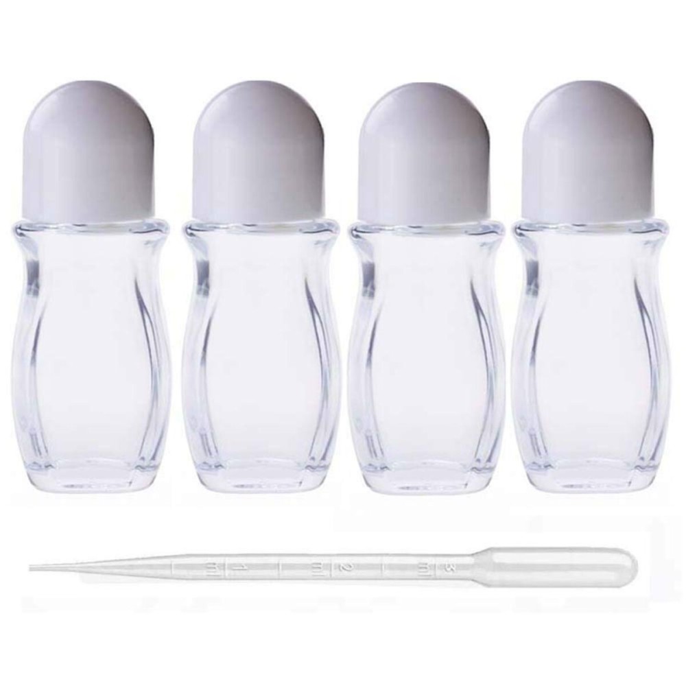 4Pcs 50ml/1.69 Oz Clear Refillable Glass Roll-On Deodorant Bottles Reusable Leak-Proof Massage Roller Bottles Containers with Roller Ball and White Cap for DIY Deodorant, 3ml Transfer Dropper