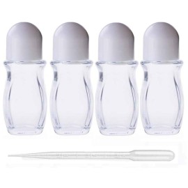 4Pcs 50ml/1.69 Oz Clear Refillable Glass Roll-On Deodorant Bottles Reusable Leak-Proof Massage Roller Bottles Containers with Roller Ball and White Cap for DIY Deodorant, 3ml Transfer Dropper