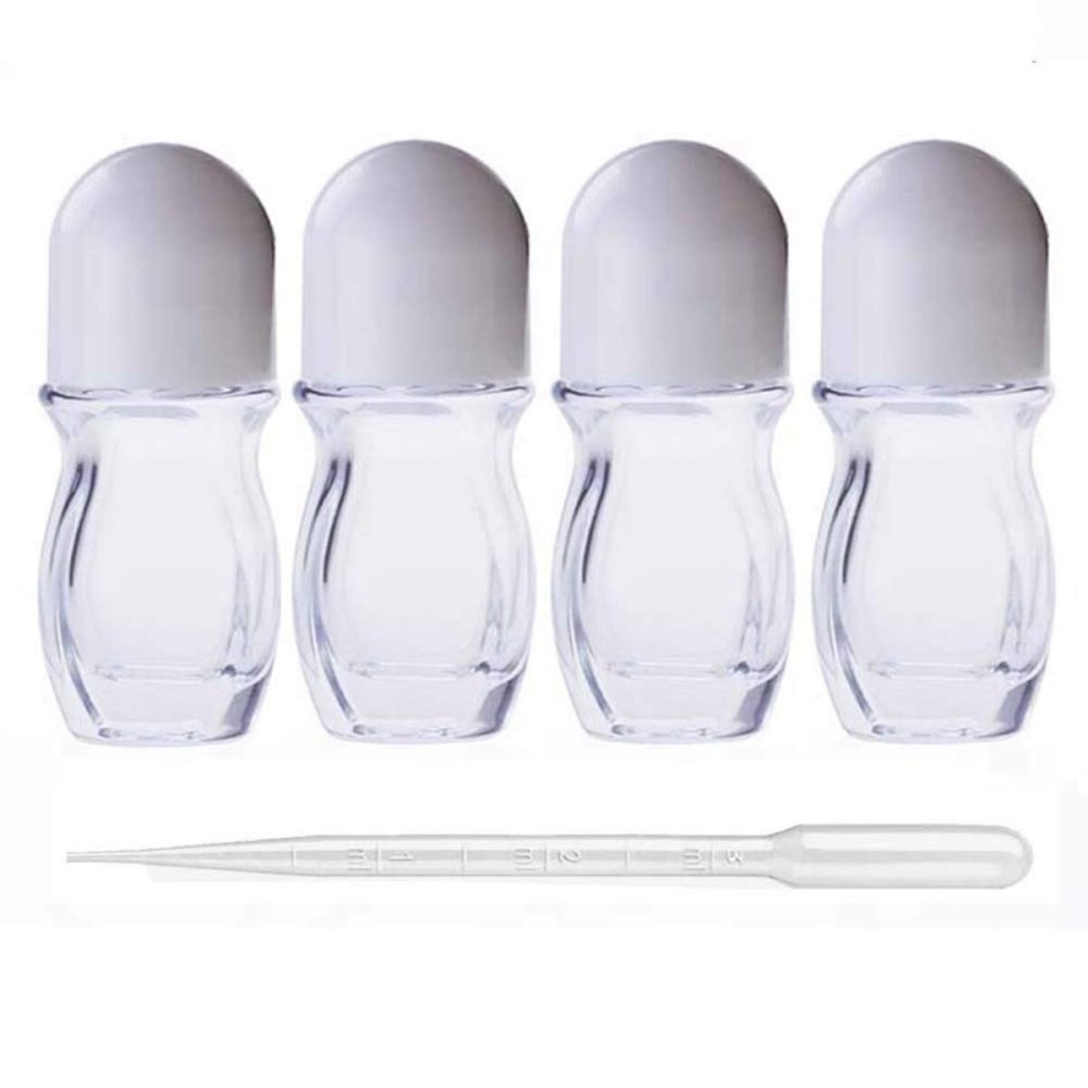 4Pcs 30ml/1 Oz Clear Refillable Glass Roll-On Deodorant Bottles Reusable Leak-Proof Massage Roller Bottles Containers with Roller Ball and White Cap for DIY Deodorant, 3ml Transfer Dropper