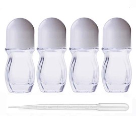 4Pcs 30ml/1 Oz Clear Refillable Glass Roll-On Deodorant Bottles Reusable Leak-Proof Massage Roller Bottles Containers with Roller Ball and White Cap for DIY Deodorant, 3ml Transfer Dropper