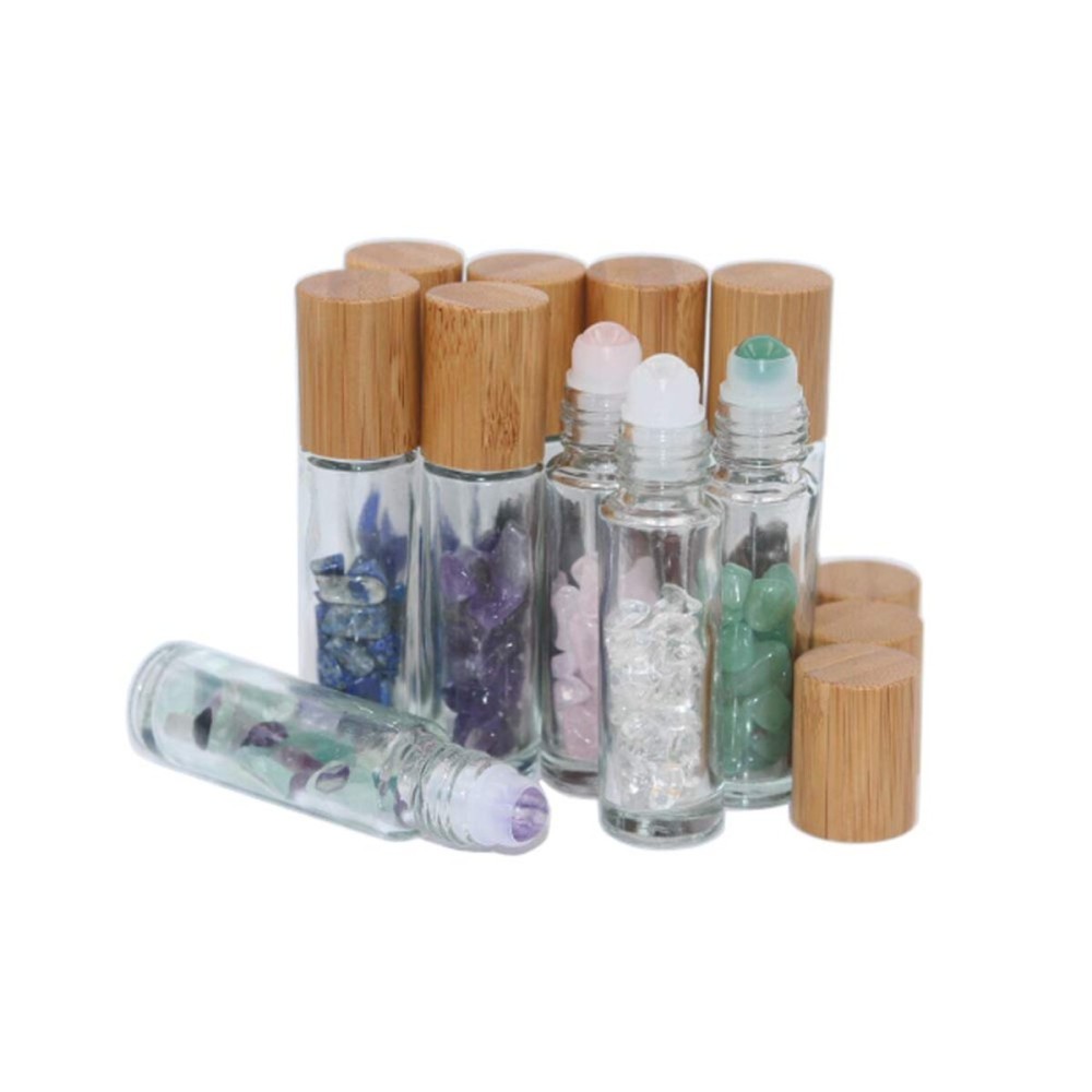 Wresty 10ml Roll On Bottle With Gemstone Rollerball&Crystal Chips Inside,10 Packs Glass Roller Bottles Essential Oil Sample Bottles(Bamboo Lids)