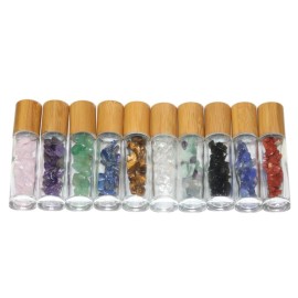 Wresty 10ml Roll On Bottle With Gemstone Rollerball&Crystal Chips Inside,10 Packs Glass Roller Bottles Essential Oil Sample Bottles(Bamboo Lids)