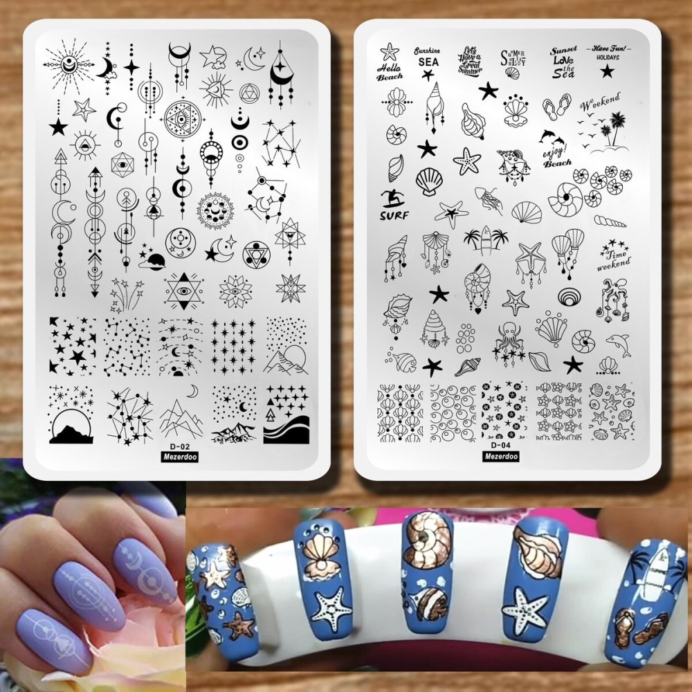 2pcs Sun Moon Star Nail Plates Stamping Set Sea Shell Pattern Stamp Templates Geometry Flowers Nail Art Stamper Plates for DIY Print Manicure Salon Design Gift Supplies 9.5x14.5CM