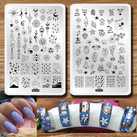 2pcs Sun Moon Star Nail Plates Stamping Set Sea Shell Pattern Stamp Templates Geometry Flowers Nail Art Stamper Plates for DIY Print Manicure Salon Design Gift Supplies 9.5x14.5CM