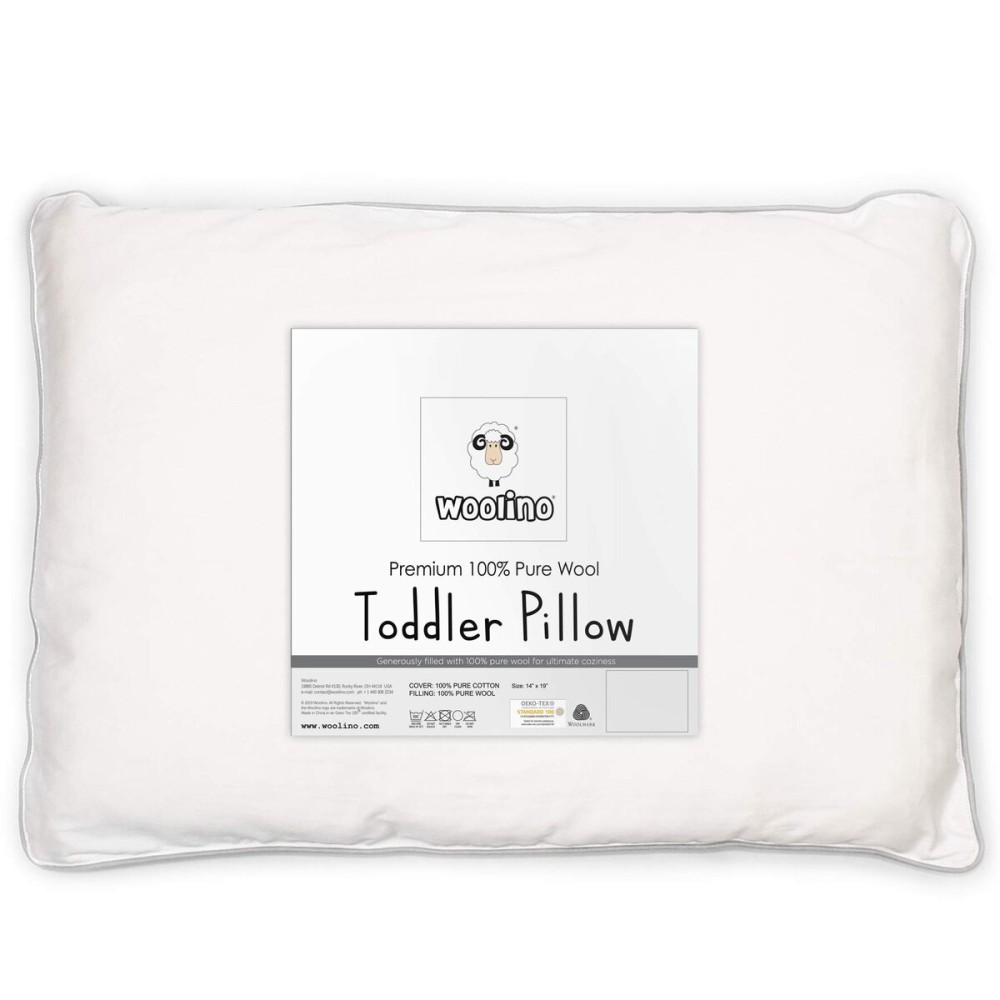 Woolino Toddler Pillow, Premium Breathable 100% Wool Fill & Cotton Cover Toddler Sleeping Pillow, Small Kids Travel Size, 14x19