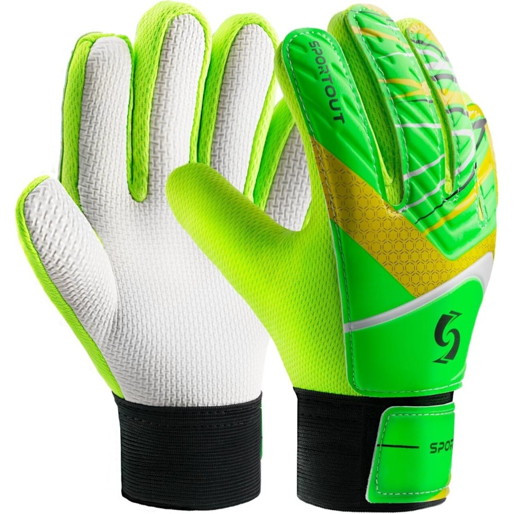 Sportout Kids Goalkeeper Gloves, Soccer Gloves with Double Wrist Protection and Non-Slip Wear Resistant Latex Material to Prevent Injuries (Green, Size 7 Suitable for 12 to 14 Years Old)