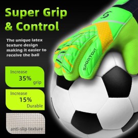 Sportout Kids Goalkeeper Gloves, Soccer Gloves with Double Wrist Protection and Non-Slip Wear Resistant Latex Material to Prevent Injuries (Green, Size 7 Suitable for 12 to 14 Years Old)