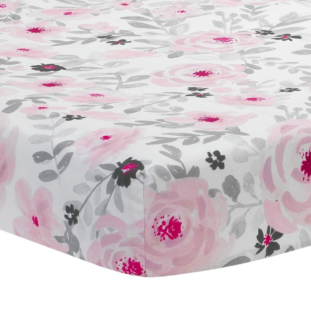 Bedtime Originals Blossom Pink/Gray Watercolor Floral Baby Fitted Crib Sheet