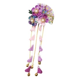 CRB Fashion Womens Kimono Traditional Tsumami Kanzashi Outfit Wedding Japanese Asian Yukata Hair Tie Flower Floral Sakura Fan Barrette Clip (Lilac Blue)