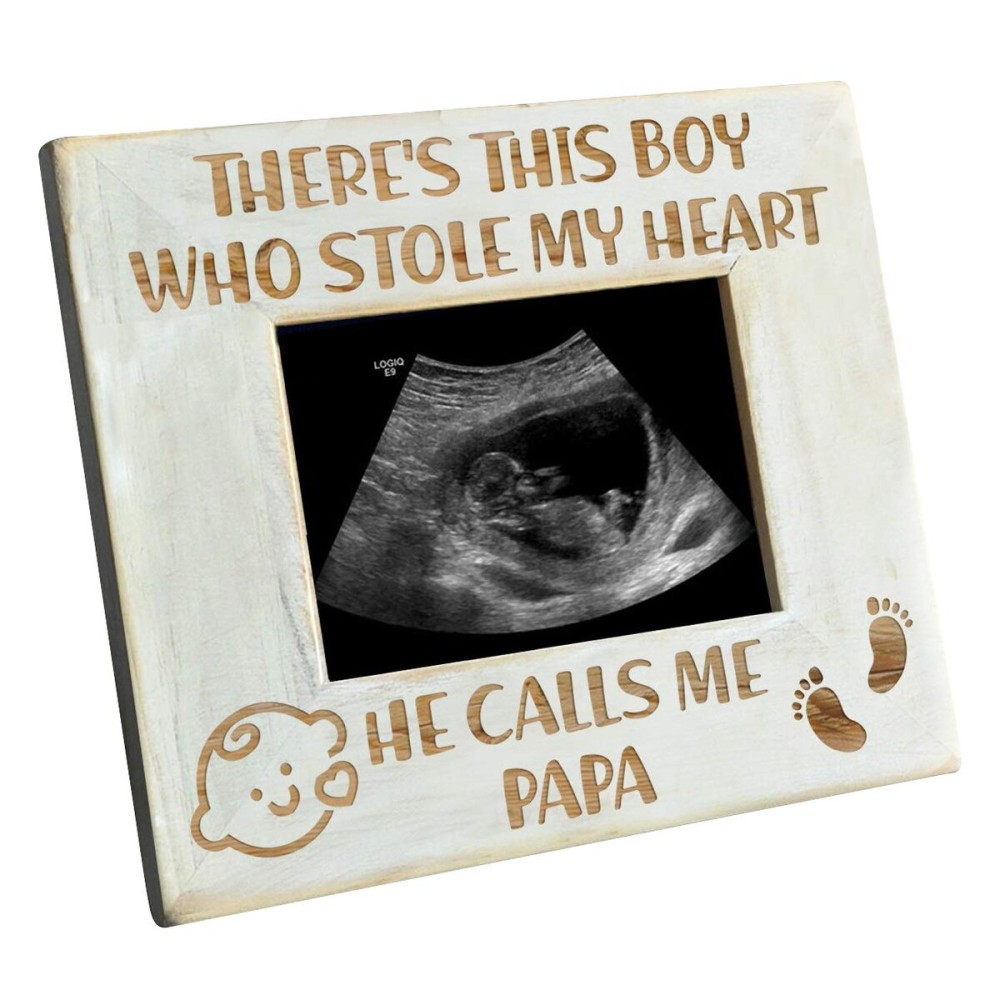 K KENON Baby Engraved Wood Picture Frame - There\'s This Boy He Calls Me PAPA - Winnie The Pooh Sonogram Picture Frame, New Mom New Dad (For Baby Boy-PAPA)