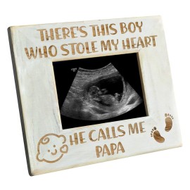 K KENON Baby Engraved Wood Picture Frame - There\'s This Boy He Calls Me PAPA - Winnie The Pooh Sonogram Picture Frame, New Mom New Dad (For Baby Boy-PAPA)