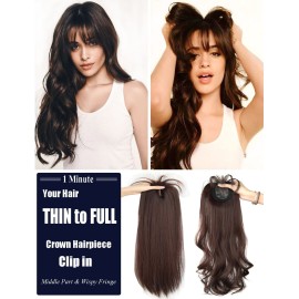 LesafeV 50cm Long Seamless Nature Look Clip in Hairpiece with Side-Fringe Extension Forehead Topper for Women with Thinning Hair Straight Light Brown