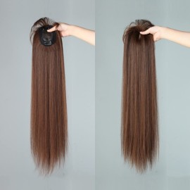 LesafeV 50cm Long Seamless Nature Look Clip in Hairpiece with Side-Fringe Extension Forehead Topper for Women with Thinning Hair Straight Light Brown