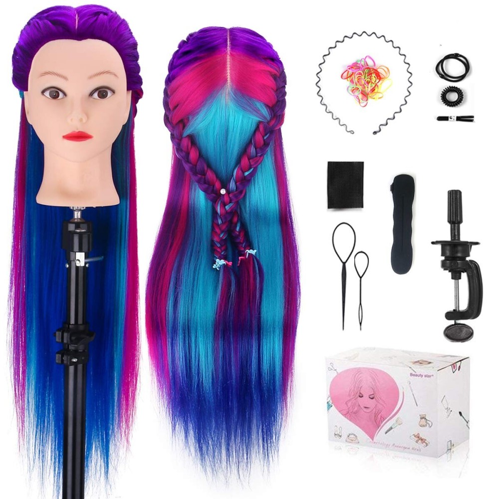 MYSWEETY 28 Mannequin Head With Hair - Styling Training Manikin Cosmetology Doll Synthetic Fiber Hair, Table Clamp & Braiding Kit - Purple