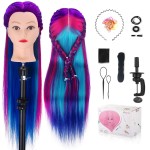 MYSWEETY 28 Mannequin Head With Hair - Styling Training Manikin Cosmetology Doll Synthetic Fiber Hair, Table Clamp & Braiding Kit - Purple