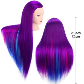 MYSWEETY 28 Mannequin Head With Hair - Styling Training Manikin Cosmetology Doll Synthetic Fiber Hair, Table Clamp & Braiding Kit - Purple