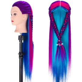 MYSWEETY 28 Mannequin Head With Hair - Styling Training Manikin Cosmetology Doll Synthetic Fiber Hair, Table Clamp & Braiding Kit - Purple