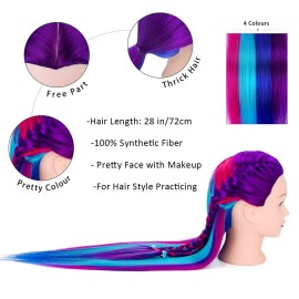 MYSWEETY 28 Mannequin Head With Hair - Styling Training Manikin Cosmetology Doll Synthetic Fiber Hair, Table Clamp & Braiding Kit - Purple