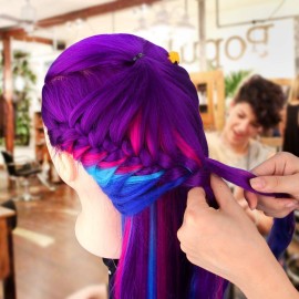 MYSWEETY 28 Mannequin Head With Hair - Styling Training Manikin Cosmetology Doll Synthetic Fiber Hair, Table Clamp & Braiding Kit - Purple