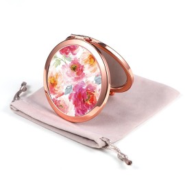Dynippy Compact Mirror Rose Gold Makeup Mirror Folding Mini Pocket Mirror Portable Hand Mirror Double-Sided 2 x 1x Magnification for Woman Girls (A-Watercolor Flower)
