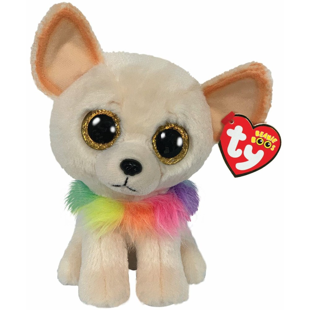 Ty - Plush - Beanie Boos - Chihuahua Dog - Chewey - Brown - Multicoloured Collar - Gold Glitter Eyes - The Plush with Big Sparkling Eyes - 15 cm - 36324