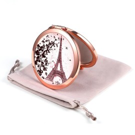 Dynippy Compact Mirror Rose Gold Makeup Mirror Folding Mini Pocket Mirror Portable Hand Mirror Double-Sided 2 x 1x Magnification for Woman Girls (A-Eiffel Tower)