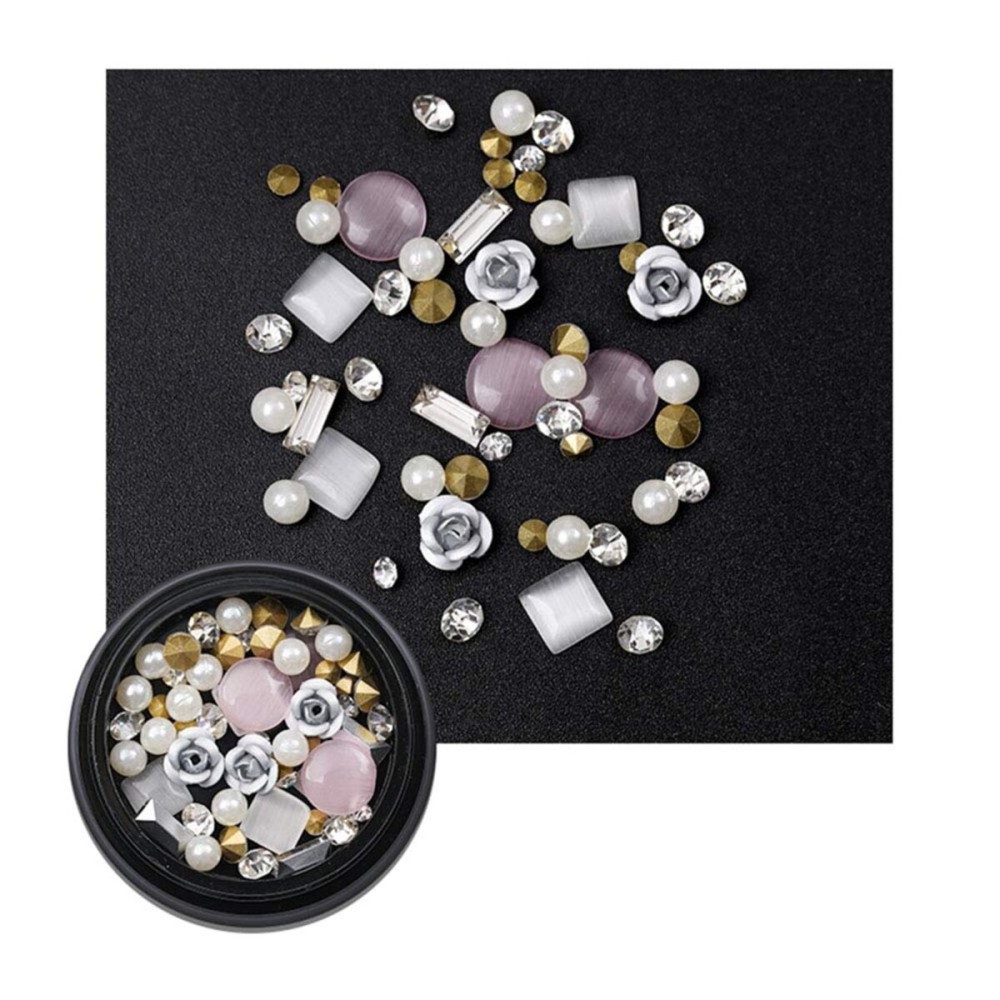 AKOAK 1 Box Nail Art Decorations Mixed 3D Rhinestones Beads Metal Flowers Pearl Beads for DIY Design Manicure (White)