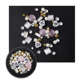 AKOAK 1 Box Nail Art Decorations Mixed 3D Rhinestones Beads Metal Flowers Pearl Beads for DIY Design Manicure (White)