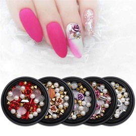 AKOAK 1 Box Nail Art Decorations Mixed 3D Rhinestones Beads Metal Flowers Pearl Beads for DIY Design Manicure (White)