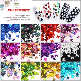 Minejin Nail Art Glitter Sequins Butterfly Shinning Acrylic 3D Flakies Stickers Tips Decoration 12 Color