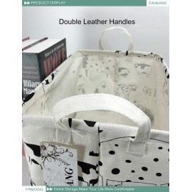 FANKANG Storage Basket,Nursery Hamper Canvas Laundry Basket Foldable with Waterproof PE Coating Storage, Office, Bedroom, Clothes,Toys(L, Rec-cows)