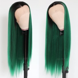 QD-Tizer Lace Front Wigs, Long Straight Hair Ombre Green Wig Glueless Heat Resistant Fiber Hair Synthetic Lace Front Wigs for Fashion Women