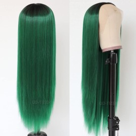 QD-Tizer Lace Front Wigs, Long Straight Hair Ombre Green Wig Glueless Heat Resistant Fiber Hair Synthetic Lace Front Wigs for Fashion Women