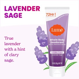 Lume Whole Body Deodorant - Invisible Cream Tube - 72 Hour Odor Control - Aluminum Free, Baking Soda Free, Skin Safe - 3.0 ounce (Lavender Sage) Lume Whole Body Deodorant - Invisible Cream Tube - 72 Hour Odor Control - Aluminum Free, Baking Soda Free, Skin Safe - 3.0 ounce (Lavender Sage)