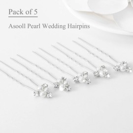 Asooll Pearl Wedding Hair Accessories Silver Rhinestone Hair Pins Crystal Bridal Hair Piece for Women(Pack of 5)