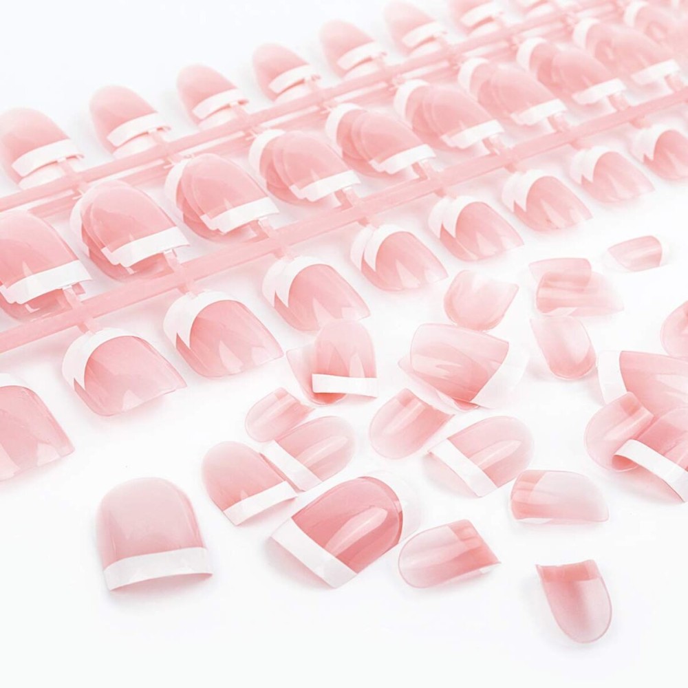 Yokilly 240 Pieces Natural French Fake Nails,Acrylic False Nails Kit Including 12 Different Size Short Press on False Nails,Pink White Nails Tips Sets with Nail Stickers,Files and Stick (240 Pcs)