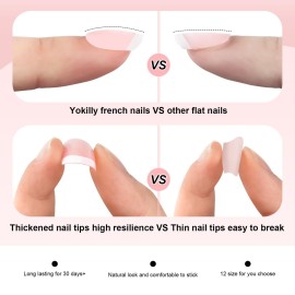 Yokilly 240 Pieces Natural French Fake Nails,Acrylic False Nails Kit Including 12 Different Size Short Press on False Nails,Pink White Nails Tips Sets with Nail Stickers,Files and Stick (240 Pcs)