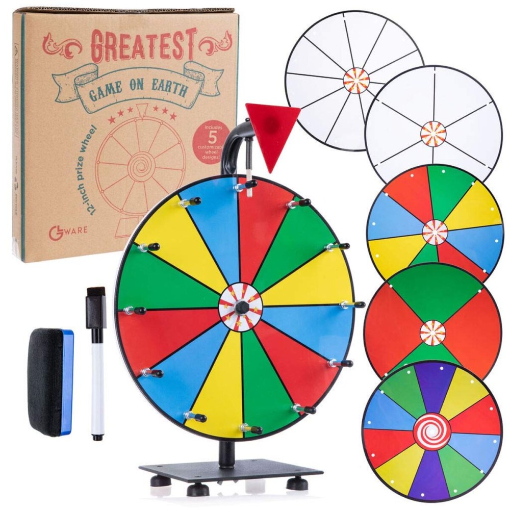 5 in 1 Tabletop Prize Wheel Spinner - 12 Carnival Games Smooth Spinning Wheel for Prizes, Raffle - Portable Dry Erase Spin the Wheel Game with Stand, Marker Pen & Eraser - Color & White Wheel Faces