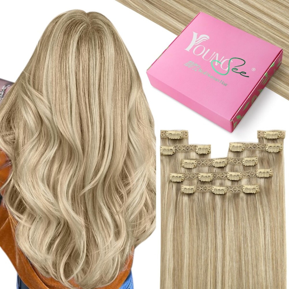 YoungSee Clip in Extensions Highlight Clip in Human Hair Extension with Lace Light Blonde Mixed Golden Blonde Hair Extension Clip ins Blonde Clip on Hair Extensions Human Hair 7Pcs 20In 120G