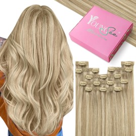 YoungSee Clip in Extensions Highlight Clip in Human Hair Extension with Lace Light Blonde Mixed Golden Blonde Hair Extension Clip ins Blonde Clip on Hair Extensions Human Hair 7Pcs 20In 120G