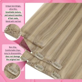 YoungSee Clip in Extensions Highlight Clip in Human Hair Extension with Lace Light Blonde Mixed Golden Blonde Hair Extension Clip ins Blonde Clip on Hair Extensions Human Hair 7Pcs 20In 120G