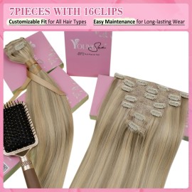 YoungSee Clip in Extensions Highlight Clip in Human Hair Extension with Lace Light Blonde Mixed Golden Blonde Hair Extension Clip ins Blonde Clip on Hair Extensions Human Hair 7Pcs 20In 120G